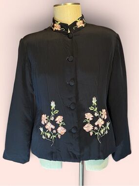 🖤Silk Vintage Embroidered Floral Mandarin Chinese Collar Jacket in Black & Pink